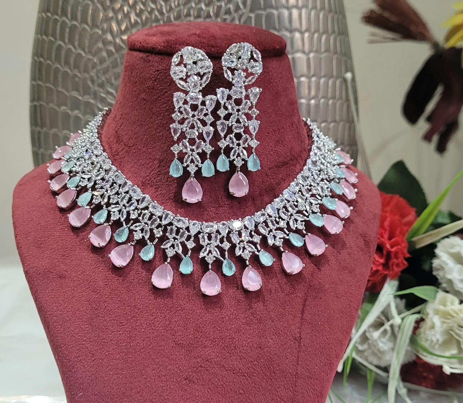 Ahana green Rosegold plated choker diamond necklace set | Gemzlane